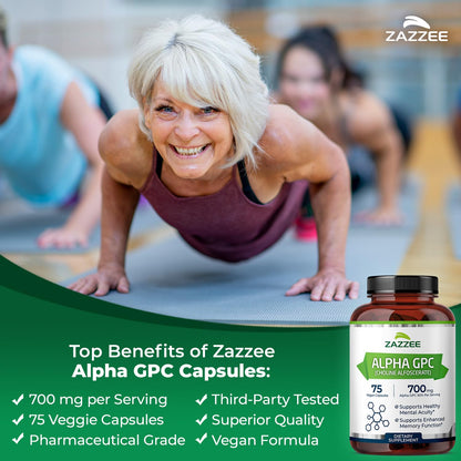 Zazzee Alpha GPC Choline 700 mg - 75 Vegan Capsules | Pharmaceutical Grade