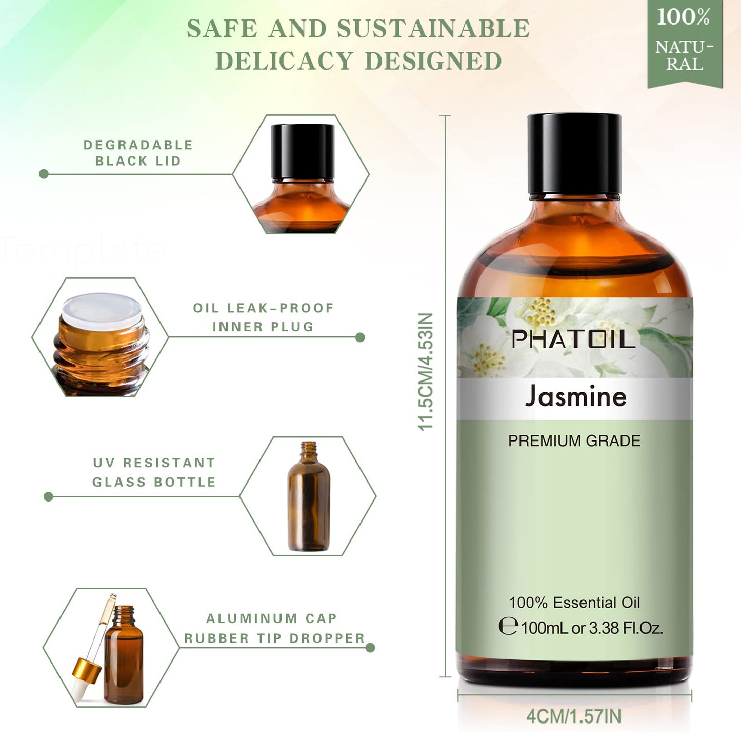 PHATOIL Jasmine Essential Oil 3.38 Fl Oz (100ml) with Glass Dropper