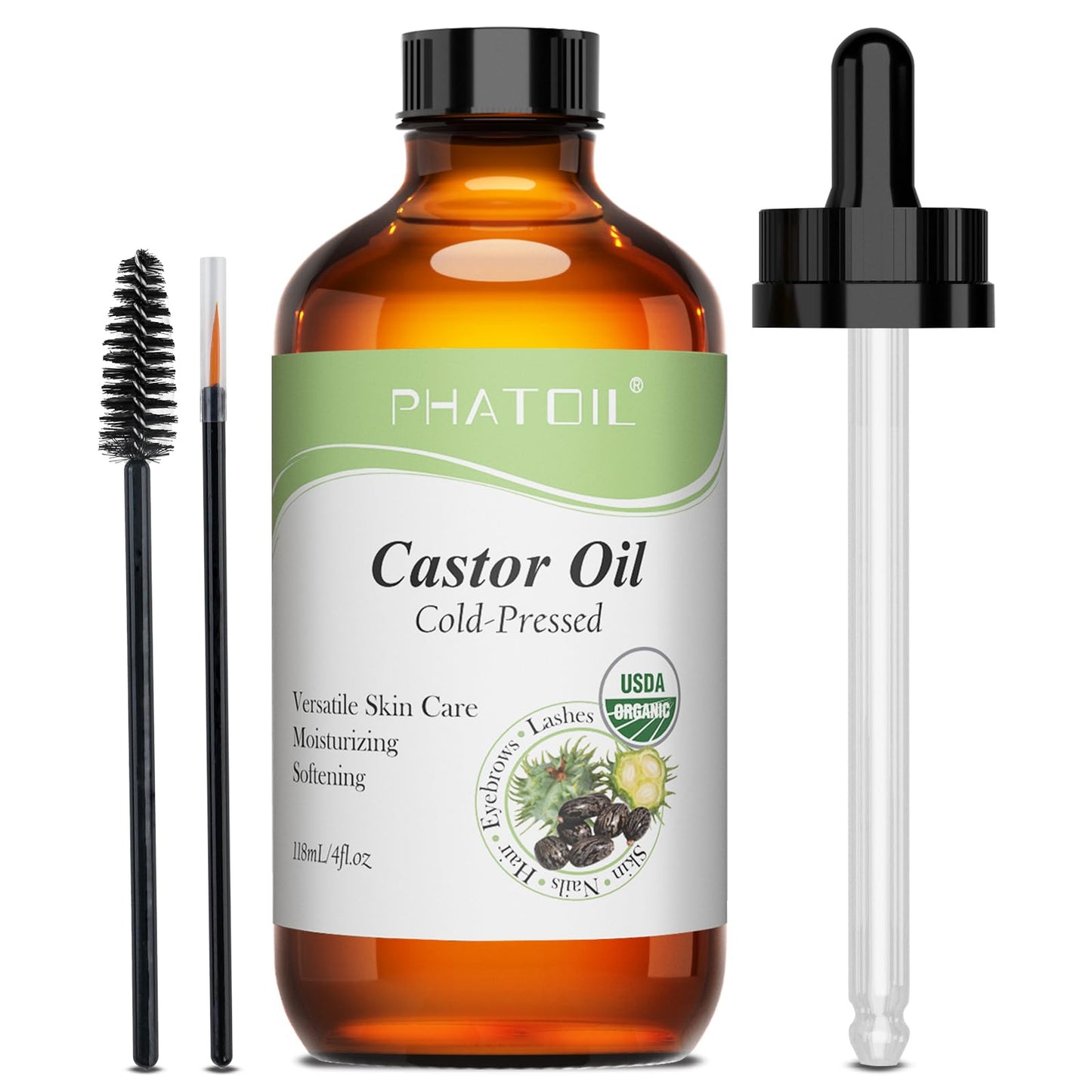 PHATOIL Castor Oil Organic Cold-Pressed 118 ml (4 oz) | Hair Growth, Lashes & Brows