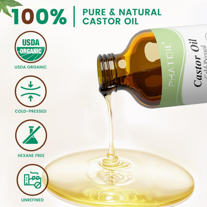 PHATOIL Castor Oil Organic Cold-Pressed 118 ml (4 oz) | Hair Growth, Lashes & Brows