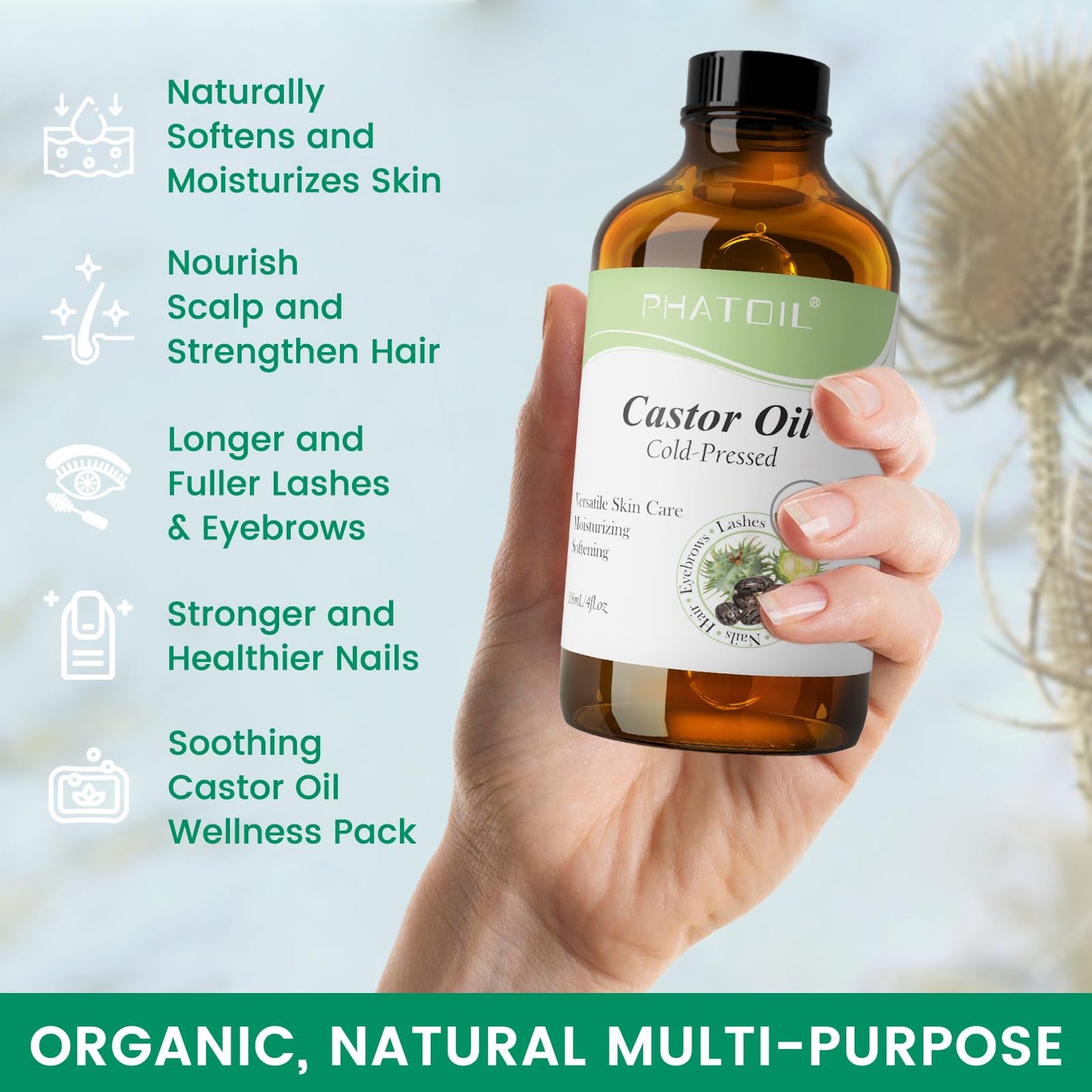 PHATOIL Castor Oil Organic Cold-Pressed 118 ml (4 oz) | Hair Growth, Lashes & Brows