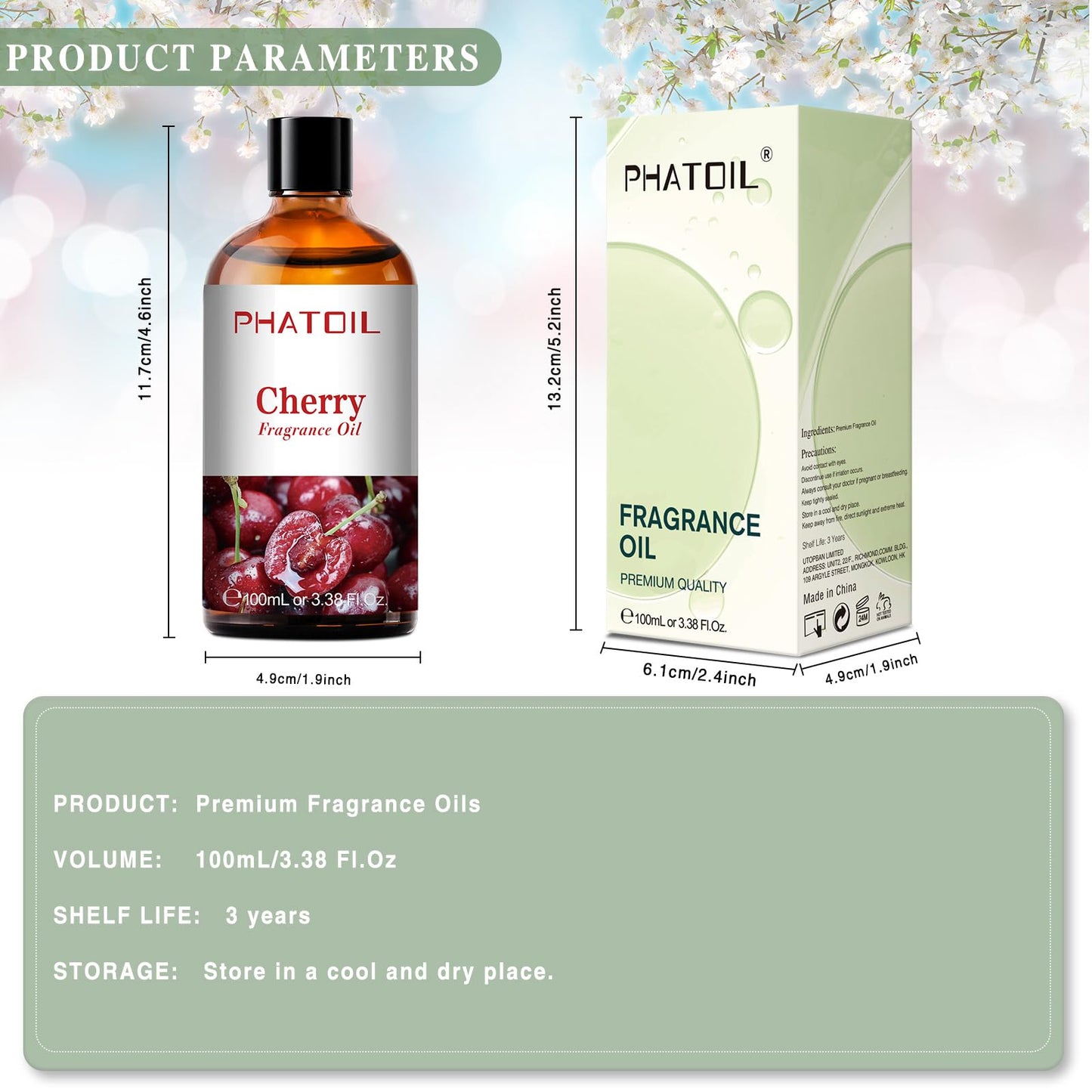 PHATOIL Cherry Fragrance Oils – 100ml (3.38 fl oz) for Aromatherapy, Diffusers, Candles & Soaps
