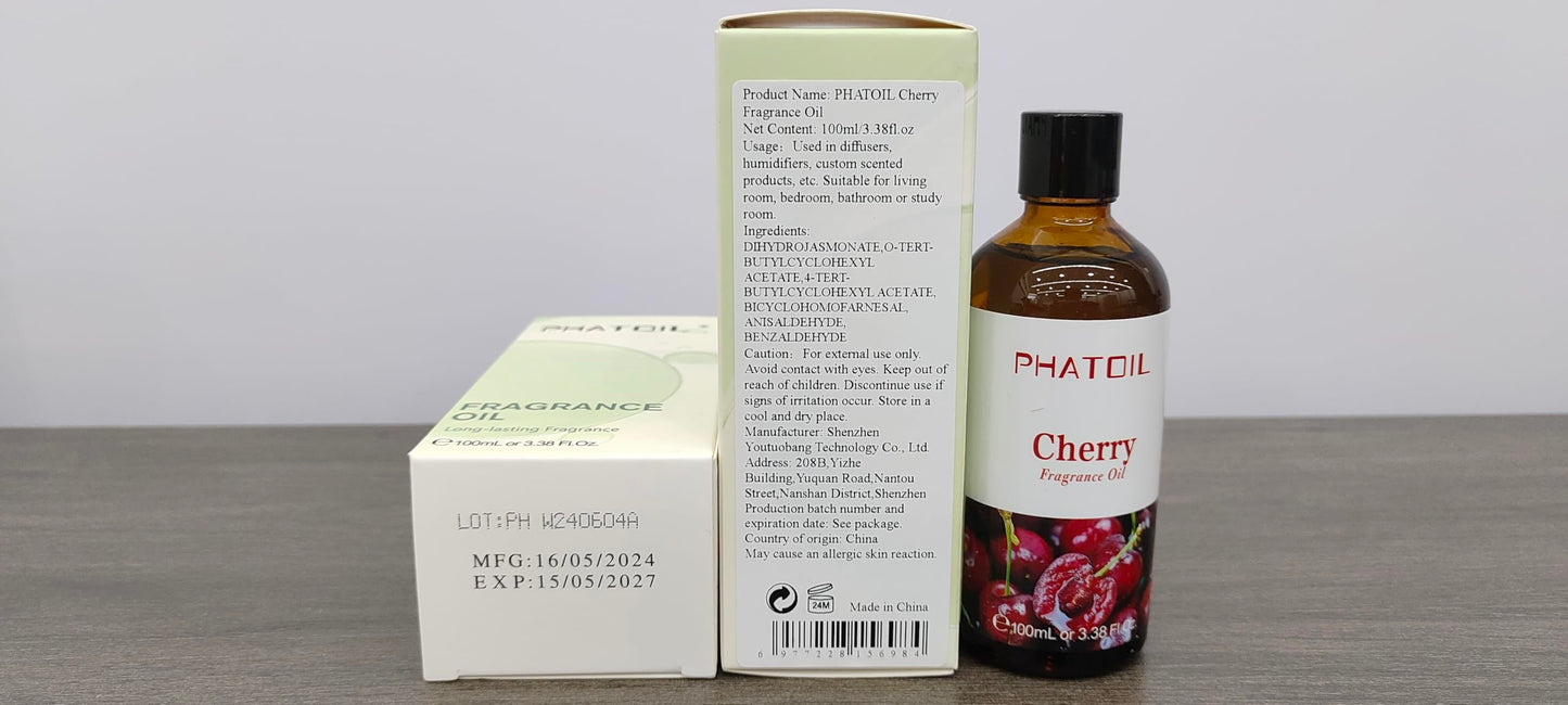 PHATOIL Cherry Fragrance Oils – 100ml (3.38 fl oz) for Aromatherapy, Diffusers, Candles & Soaps