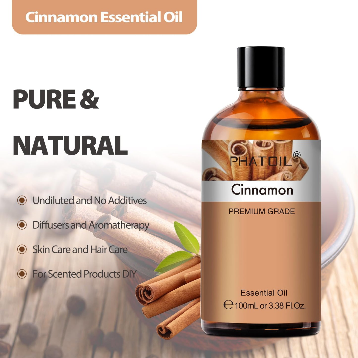 PHATOIL Cinnamon Essential Oil — Pure Essential Oil for Aromatherapy, Cleaning, Skin Care | 3.38 Fl Oz