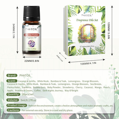PHATOIL Coconut 20 Pcs Fragrance Oil Set – Premium Oils for Diffuser, DIY Candles & Soaps (5ml)