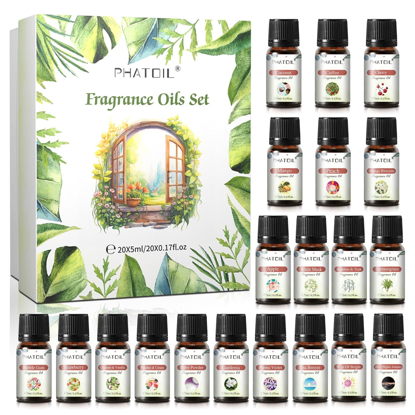 PHATOIL Coconut 20 Pcs Fragrance Oil Set – Premium Oils for Diffuser, DIY Candles & Soaps (5ml)