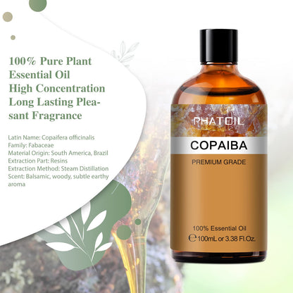 Copaiba Essential Oil 100ml (3.38fl.oz) | PHATOIL Pure Aromatherapy Oil for Diffuser, Humidifier, DIY Soap, Candle & Bath Bombs