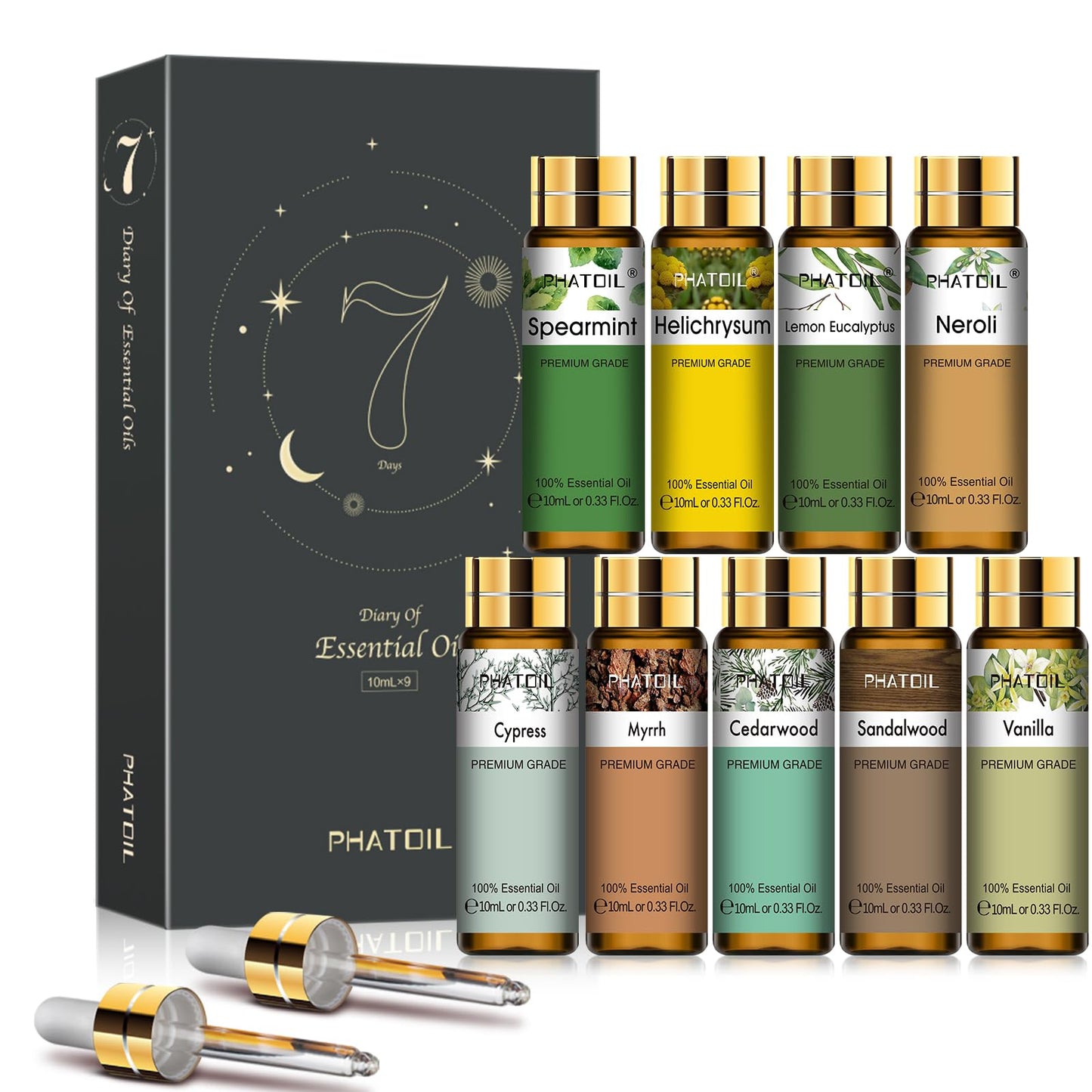 PHATOIL Premium Essential Oil Set – 9x10ml Pure Oils for Massage, Aromatherapy & Diffusers