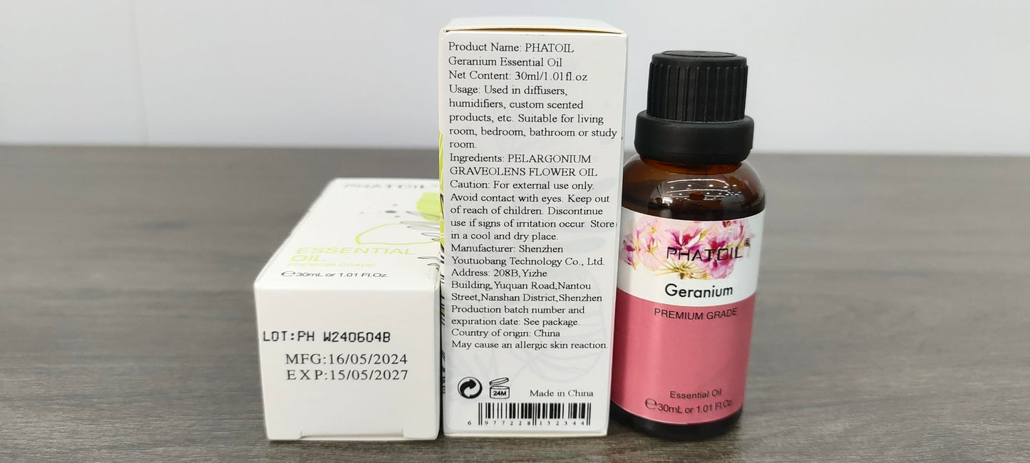Geranium Essential Oil 1.01fl.oz/30ml – PHATOIL Premium Long Lasting Scent for Aromatherapy, Diffuser, DIY Soap & Candle Making
