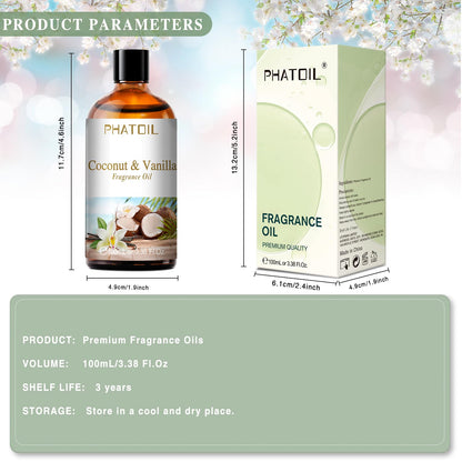 PHATOIL Coconut & Vanilla Fragrance Oil – 100ml for Aromatherapy, Diffusers, Candles & Soap