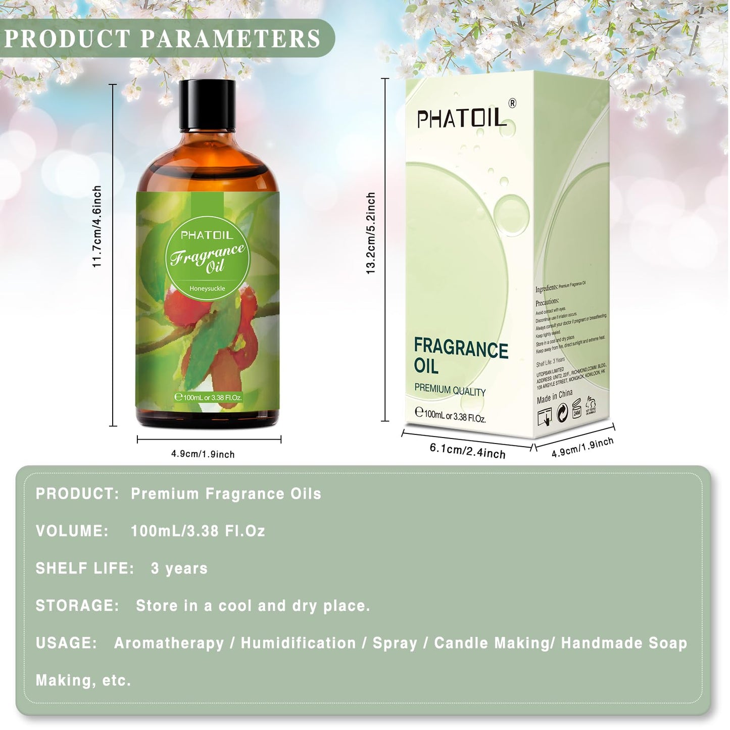 PHATOIL Honeysuckle Fragrance Oil 100ml (3.38 fl oz) | Aromatherapy, Diffuser Oil, DIY Candles & Soaps