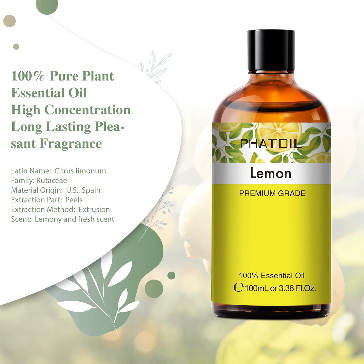 PHATOIL Lemon Essential Oil 3.38oz – Aromatherapy, Diffusers, DIY Candles & Gifts