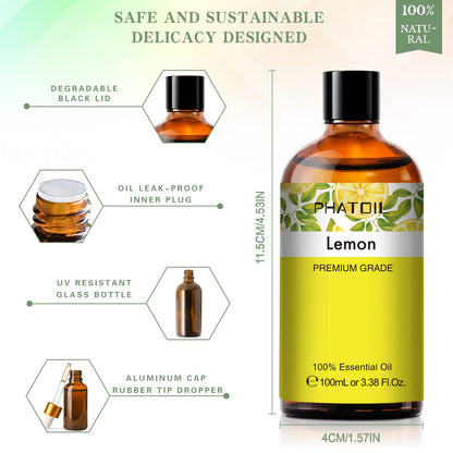 PHATOIL Lemon Essential Oil 3.38oz – Aromatherapy, Diffusers, DIY Candles & Gifts