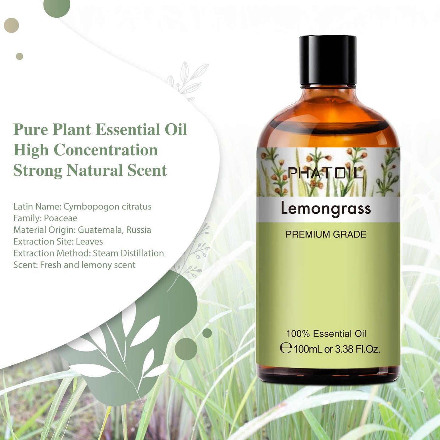 PHATOIL Lemongrass Essential Oil 100ml | Aromatherapy, Diffuser & Soap Making