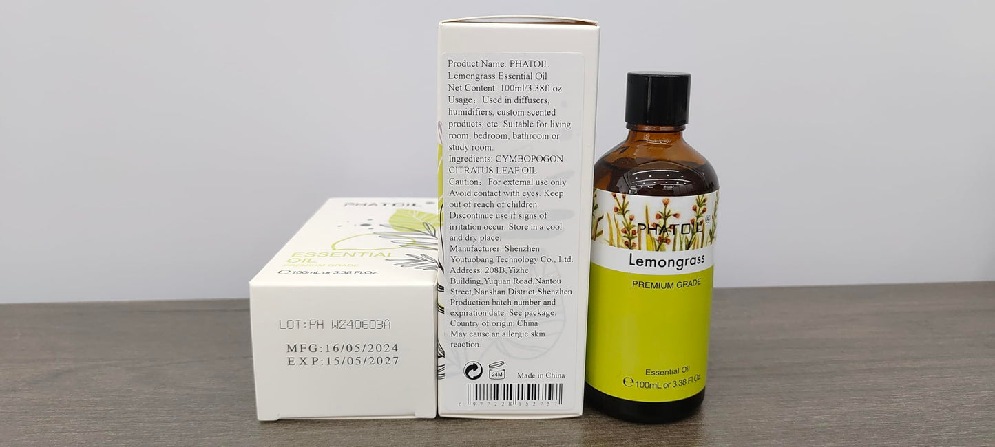 PHATOIL Lemongrass Essential Oil 100ml | Aromatherapy, Diffuser & Soap Making