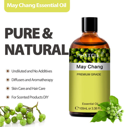 PHATOIL May Chang Essential Oil - Pure Premium 100ml / 3.38 Fl Oz for Hair, Skin, Aromatherapy, DIY Candles & Soap