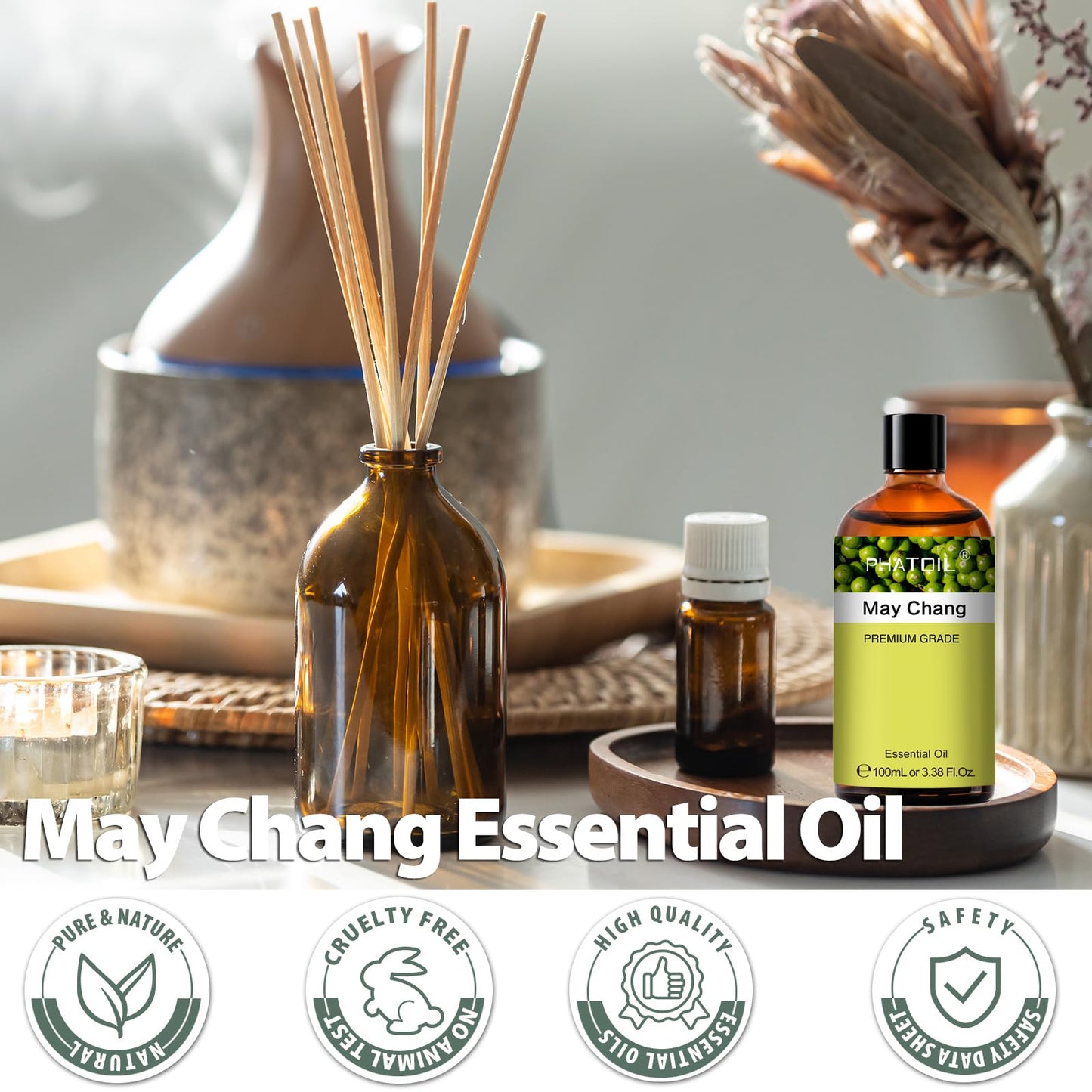 PHATOIL May Chang Essential Oil - Pure Premium 100ml / 3.38 Fl Oz for Hair, Skin, Aromatherapy, DIY Candles & Soap