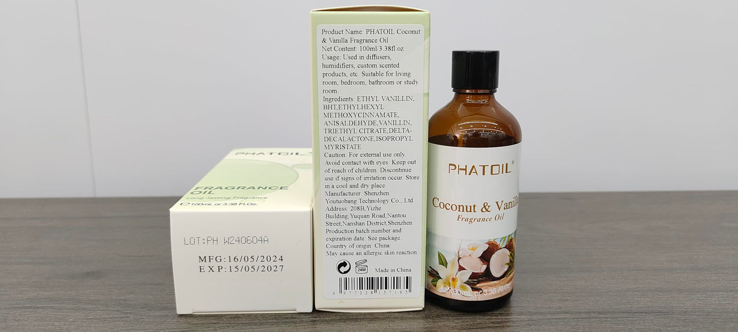 PHATOIL Coconut & Vanilla Fragrance Oil – 100ml for Aromatherapy, Diffusers, Candles & Soap