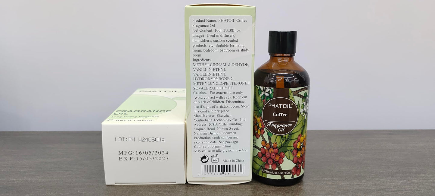 PHATOIL Coffee Fragrance Oil 100ml (3.38 fl oz) for Aromatherapy, Diffusers, DIY Candles & Soaps