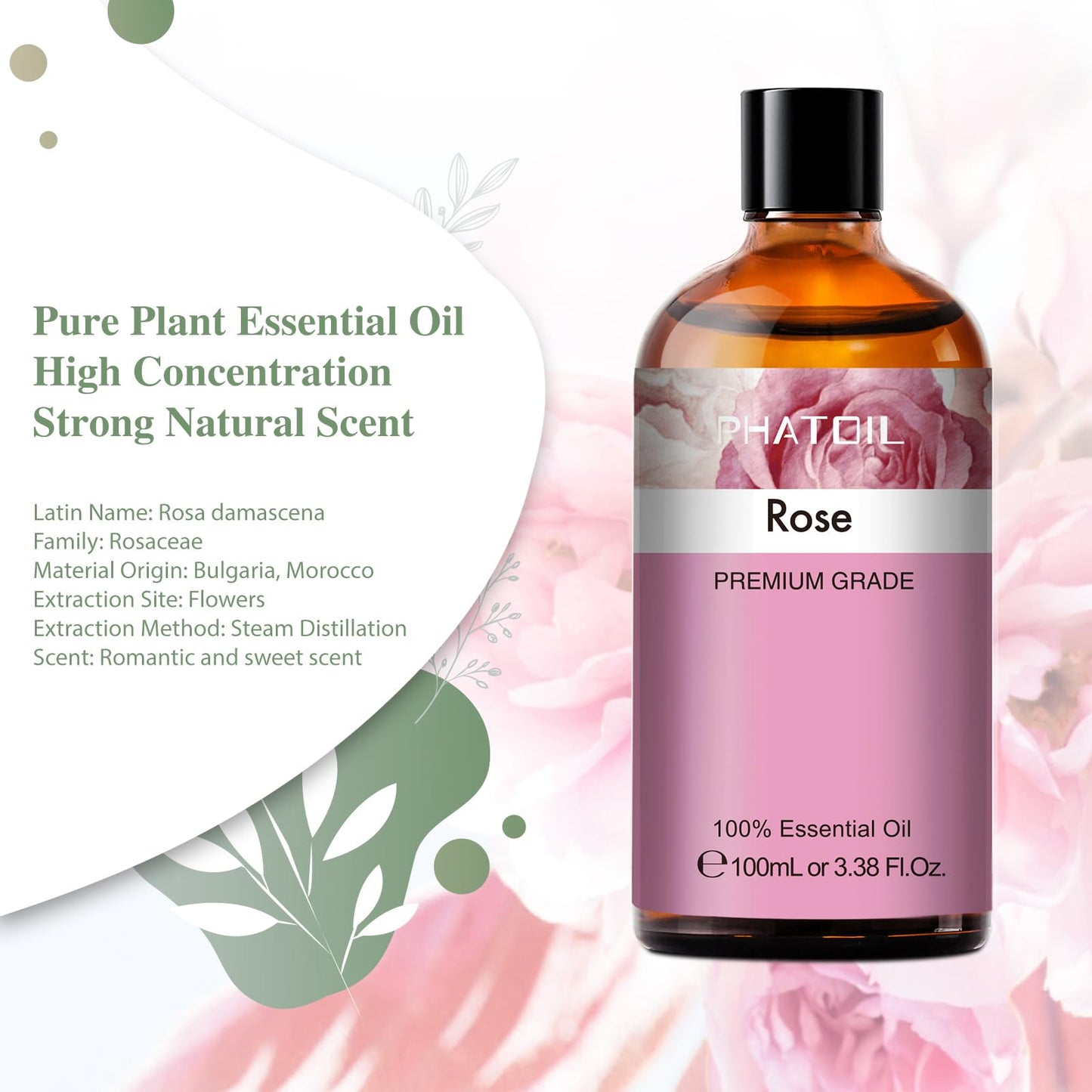 PHATOIL Rose Essential Oil 100ml with Glass Dropper – Aromatherapy, DIY Candles & Soaps