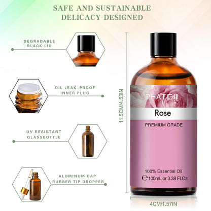 PHATOIL Rose Essential Oil 100ml with Glass Dropper – Aromatherapy, DIY Candles & Soaps