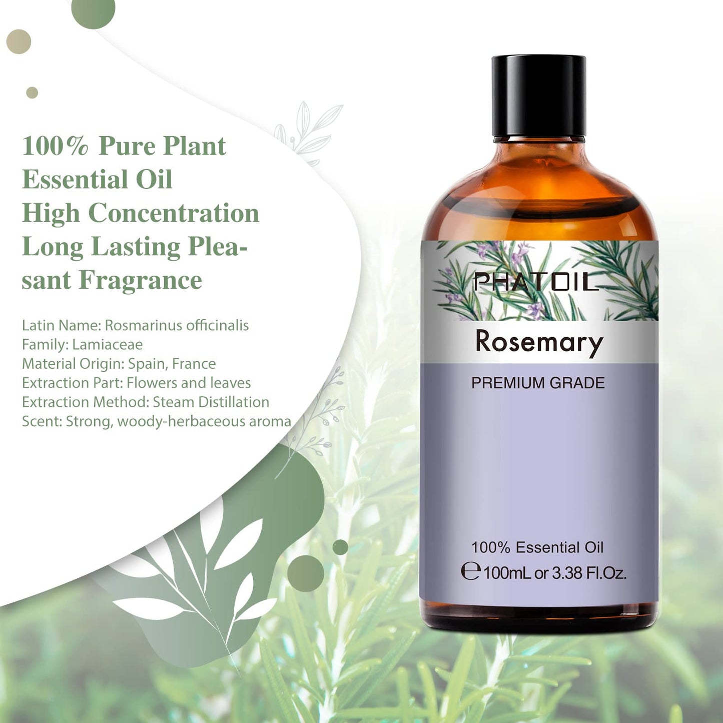 PHATOIL Rosemary Essential Oil 100ml (3.38 fl oz) for Aromatherapy Diffusers, Candles & Soap