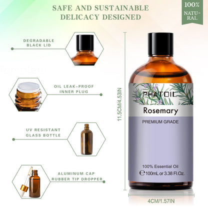 PHATOIL Rosemary Essential Oil 100ml (3.38 fl oz) for Aromatherapy Diffusers, Candles & Soap