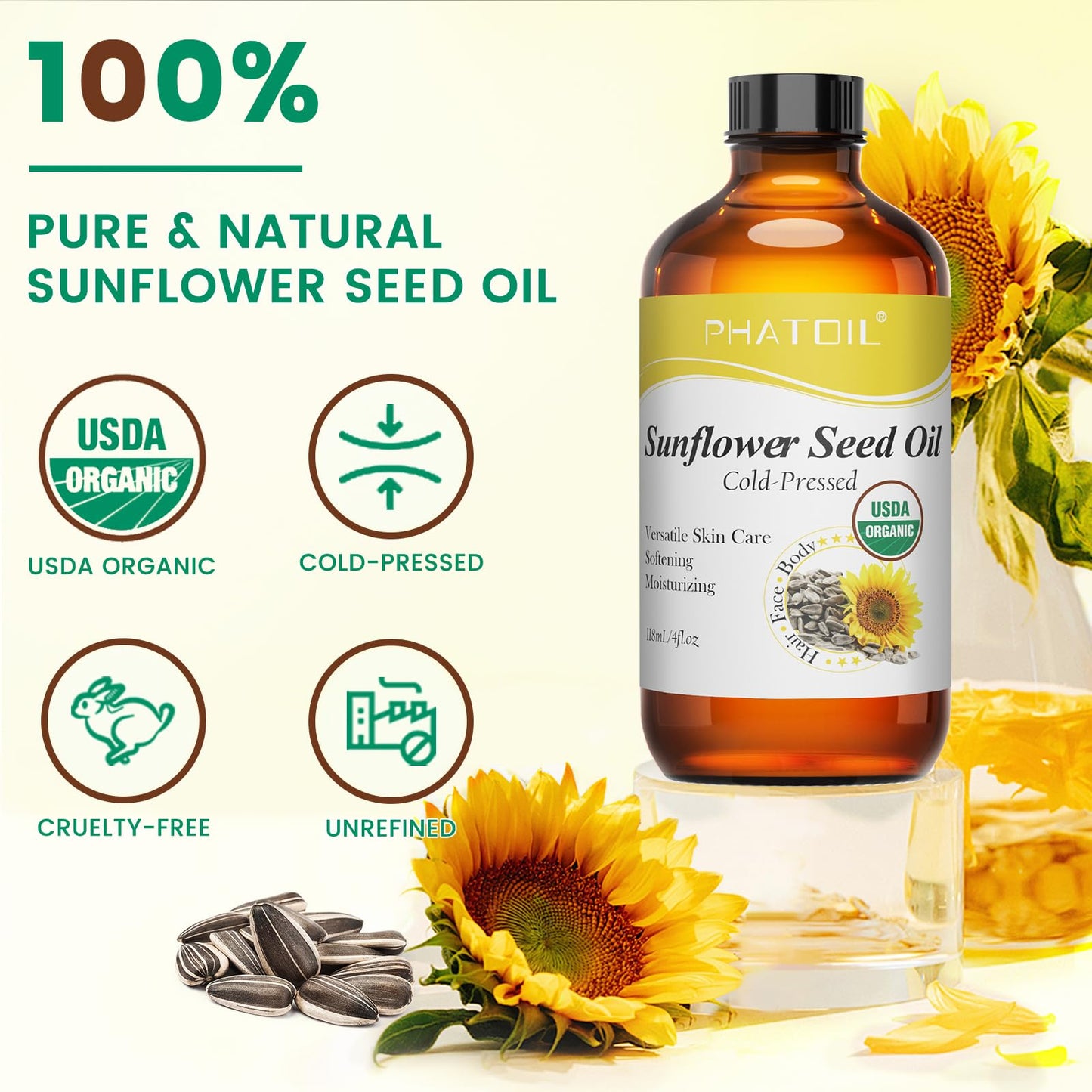 PHATOIL Organic Sunflower Seed Oil – Cold-Pressed, USDA Organic, 118 ml