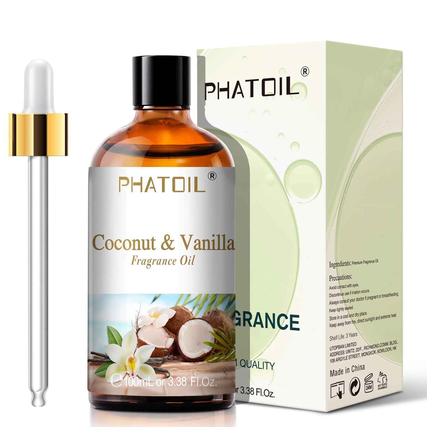 PHATOIL Coconut & Vanilla Fragrance Oil – 100ml for Aromatherapy, Diffusers, Candles & Soap