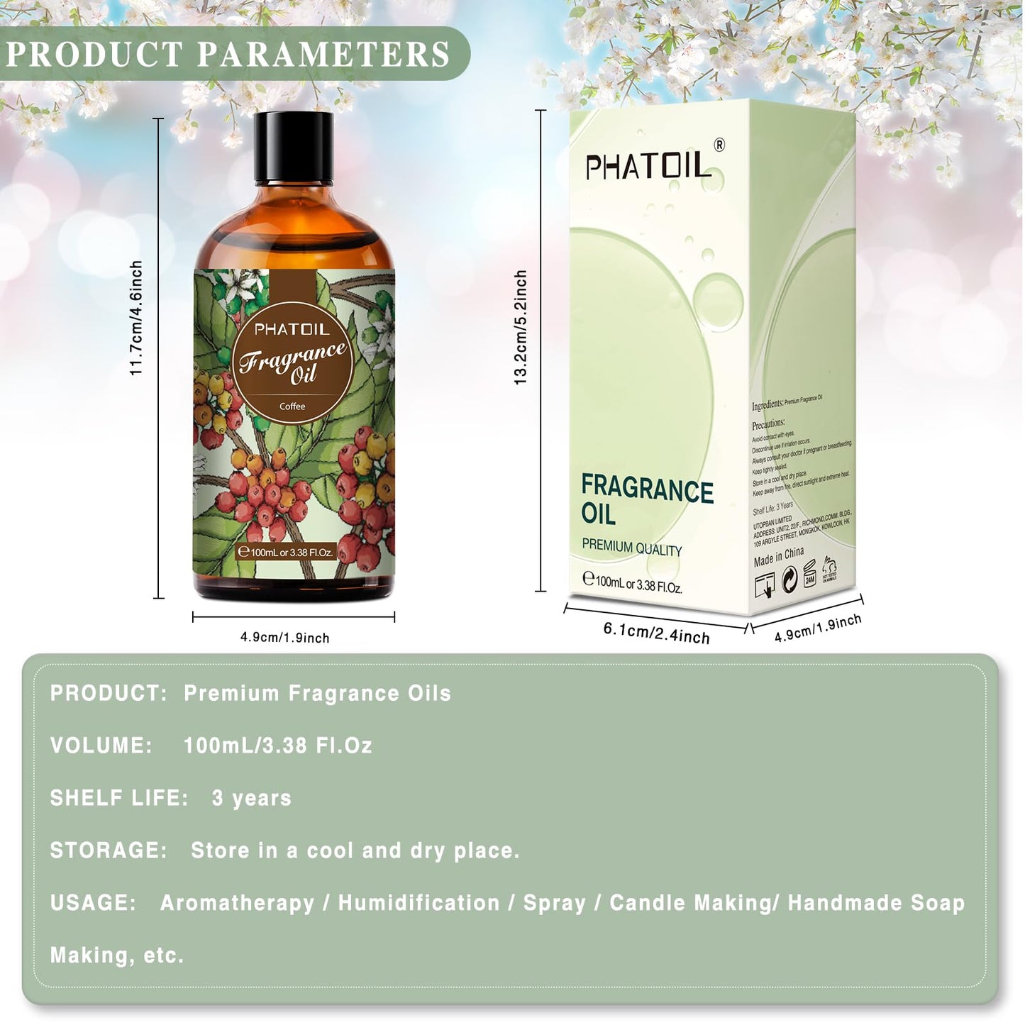PHATOIL Coffee Fragrance Oil 100ml (3.38 fl oz) for Aromatherapy, Diffusers, DIY Candles & Soaps