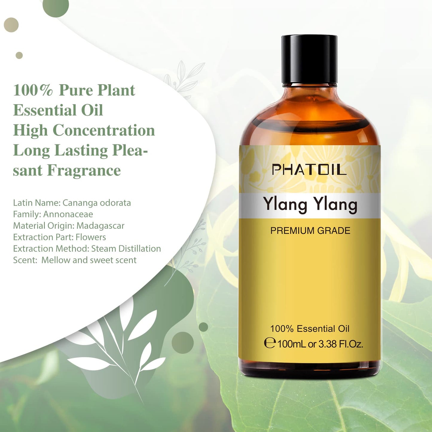 PHATOIL 100ML Ylang Ylang Essential Oil – Premium Essential Oils for Diffuser, Humidifier, Soap & Candle Making