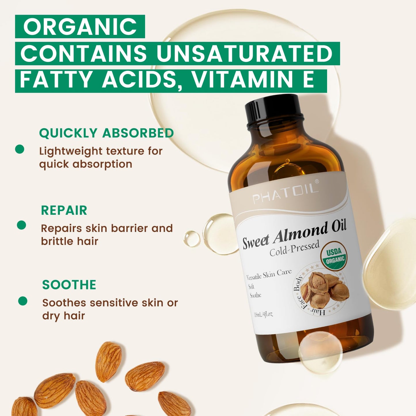 PHATOIL Organic Sweet Almond Oil 118 ml – Cold Pressed, USDA Certified Organic