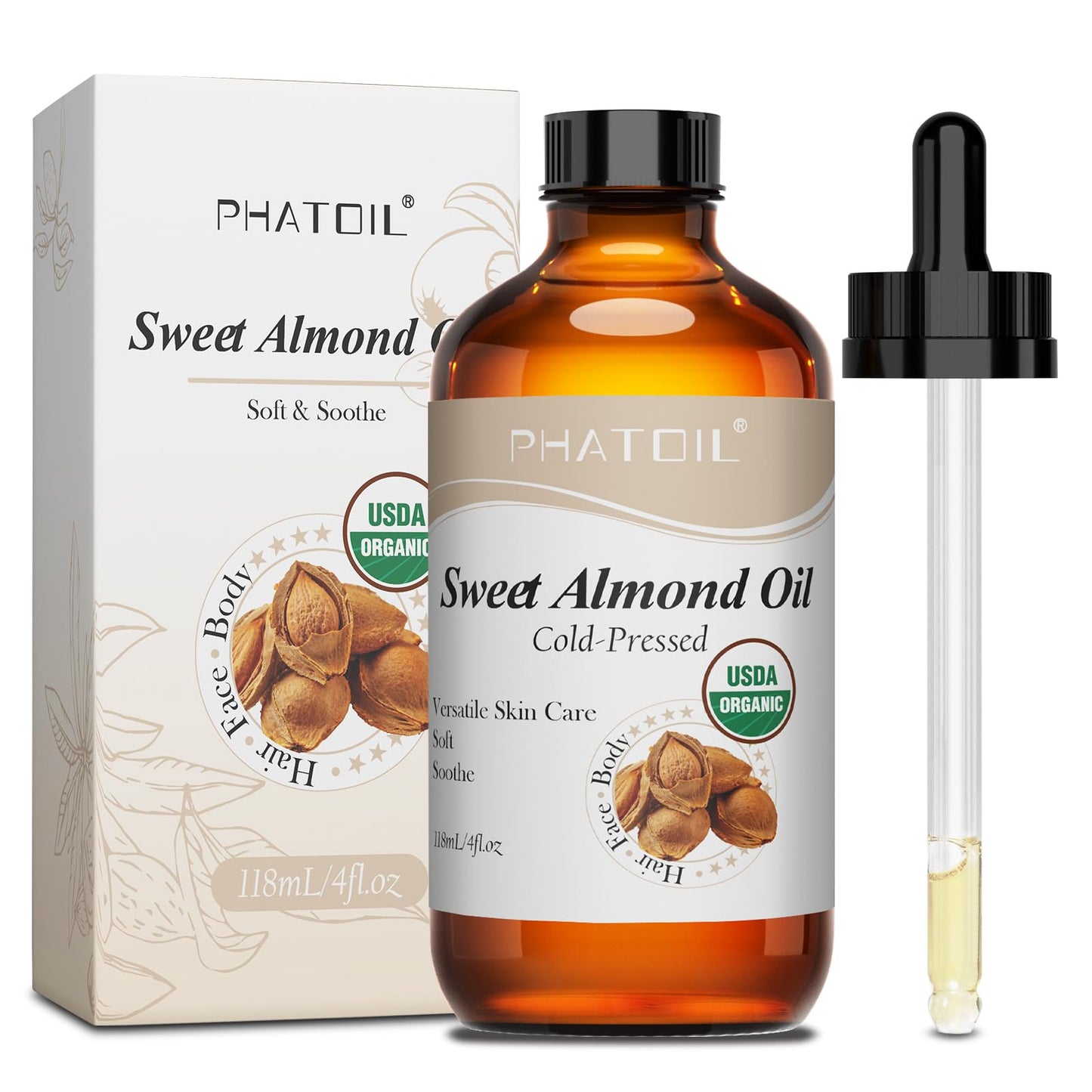 PHATOIL Organic Sweet Almond Oil 118 ml – Cold Pressed, USDA Certified Organic