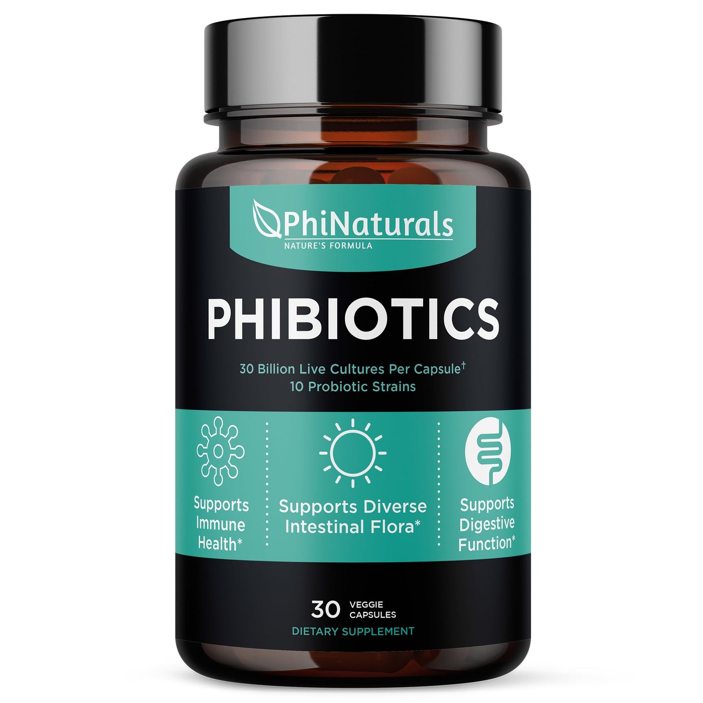 PhiNaturals High Potency Probiotics 30B CFU | 10 Strains, 30 Vegan Capsules | For Women & Men Gut Health