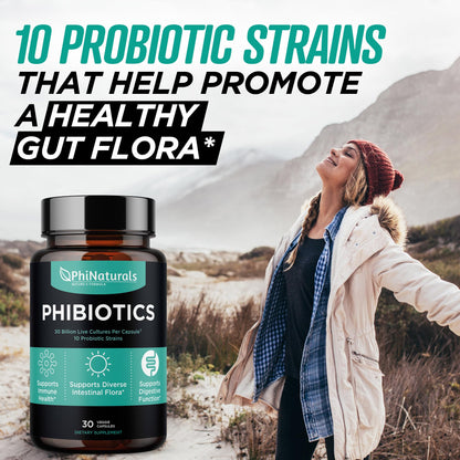 PhiNaturals High Potency Probiotics 30B CFU | 10 Strains, 30 Vegan Capsules | For Women & Men Gut Health