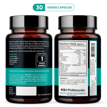 PhiNaturals High Potency Probiotics 30B CFU | 10 Strains, 30 Vegan Capsules | For Women & Men Gut Health