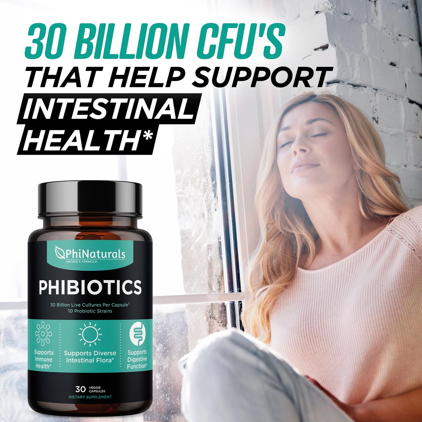 PhiNaturals High Potency Probiotics 30B CFU | 10 Strains, 30 Vegan Capsules | For Women & Men Gut Health