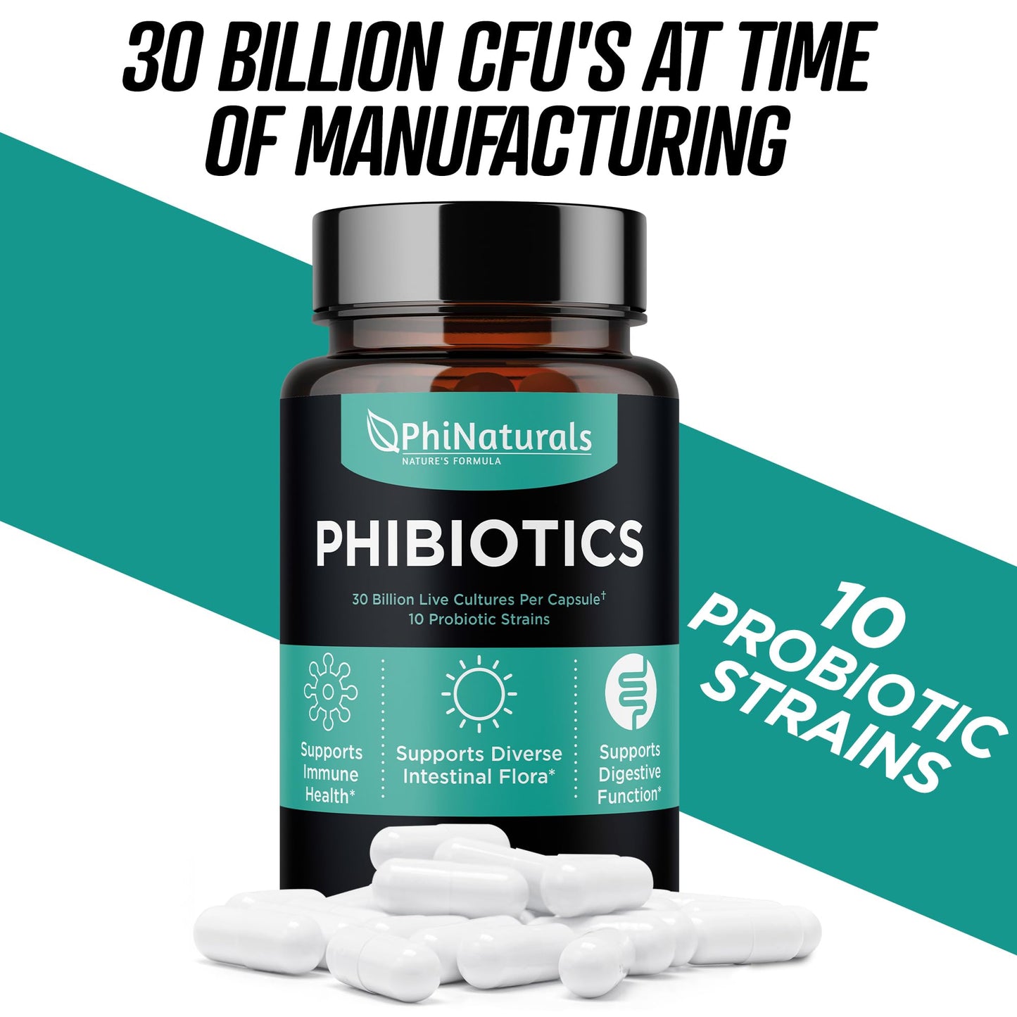 PhiNaturals High Potency Probiotics 30B CFU | 10 Strains, 30 Vegan Capsules | For Women & Men Gut Health