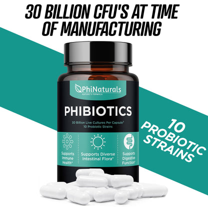 PhiNaturals High Potency Probiotics 30B CFU | 10 Strains, 30 Vegan Capsules | For Women & Men Gut Health