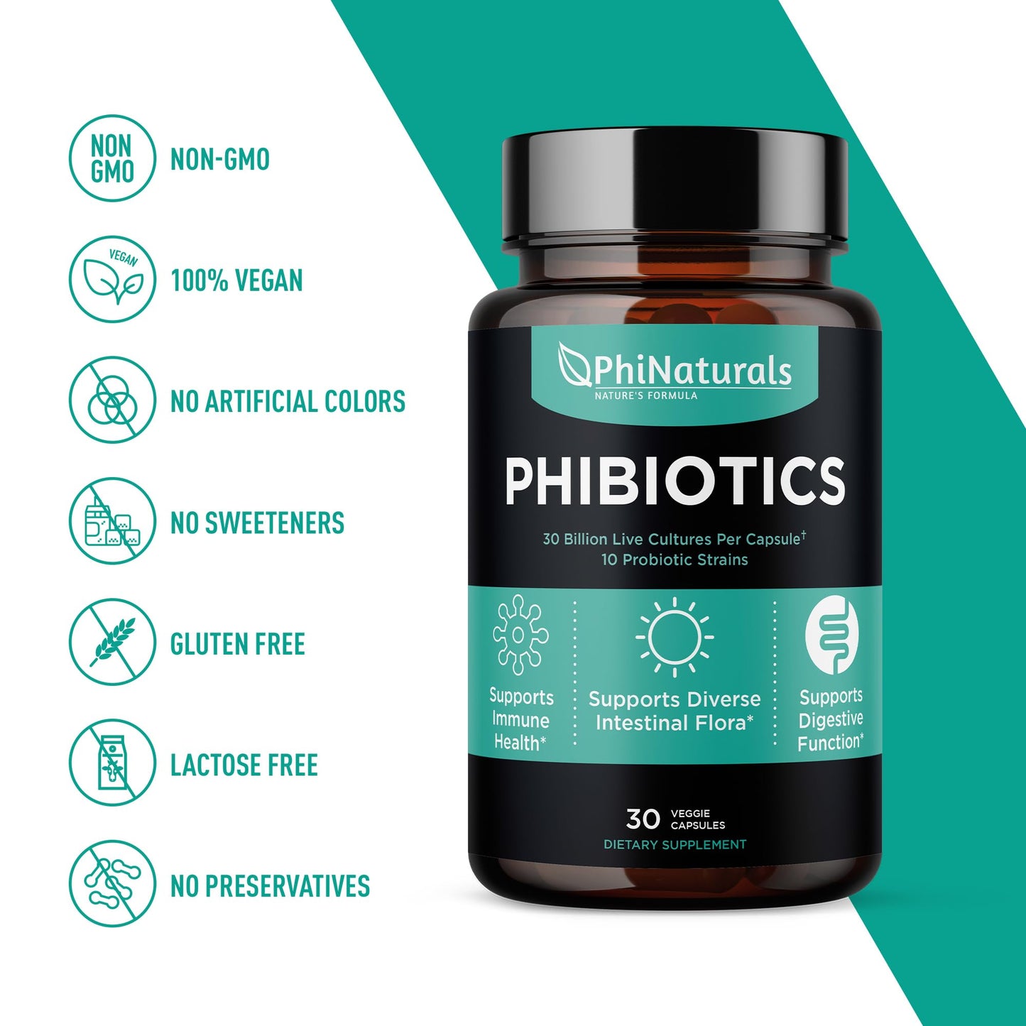 PhiNaturals High Potency Probiotics 30B CFU | 10 Strains, 30 Vegan Capsules | For Women & Men Gut Health