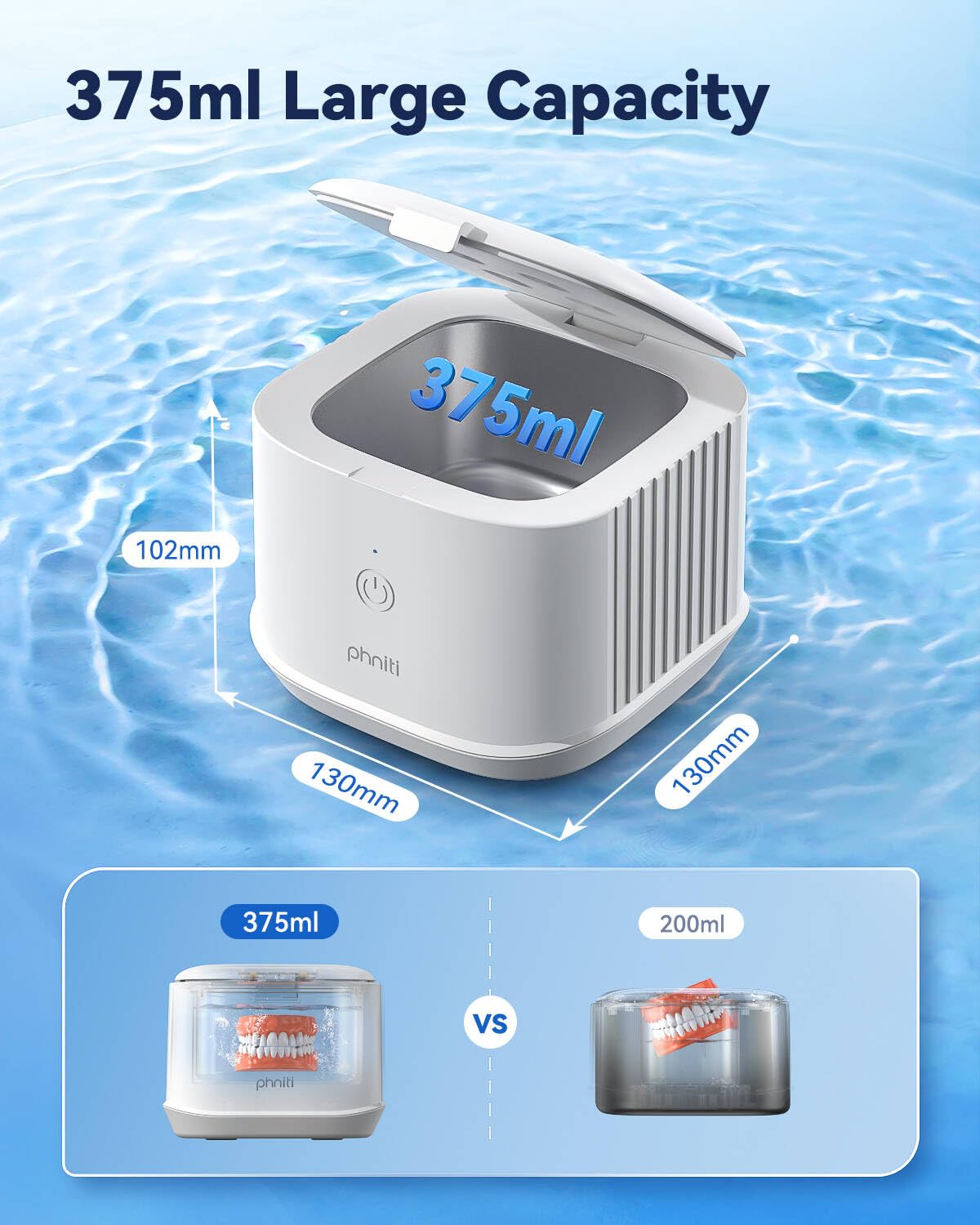 Ultrasonic Retainer Cleaner – Phniti 48kHz Portable Dental Cleaner (375ml)