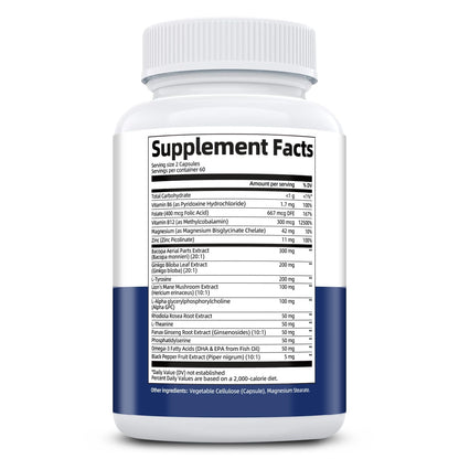 Brain Supplements for Memory & Focus – Nootropic with Bacopa Monnieri, Lion's Mane, Alpha GPC & Ginkgo (120 Caps)