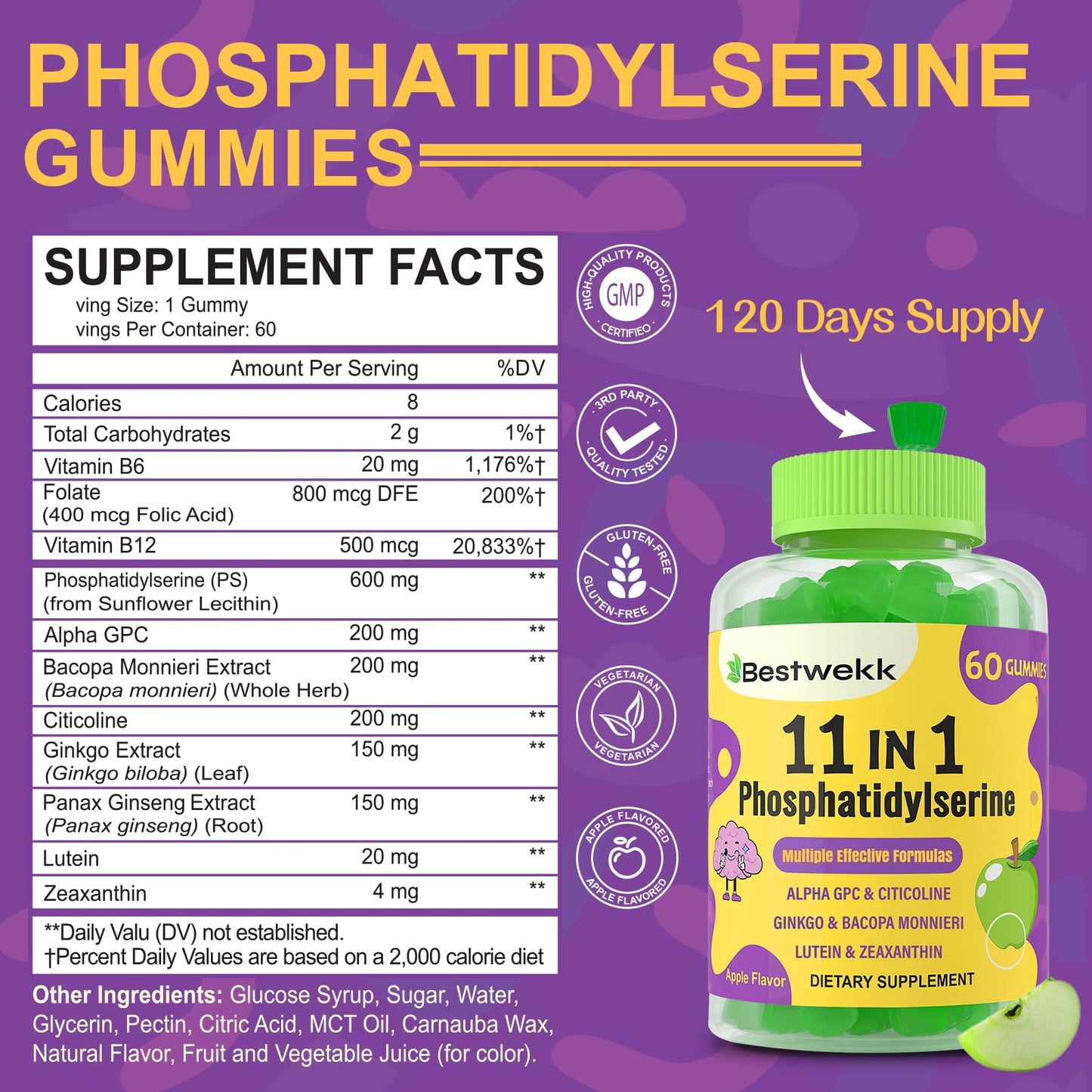 (2 Packs) Phosphatidylserine 600mg Gummies - Memory & Focus Support, 120 Gummies