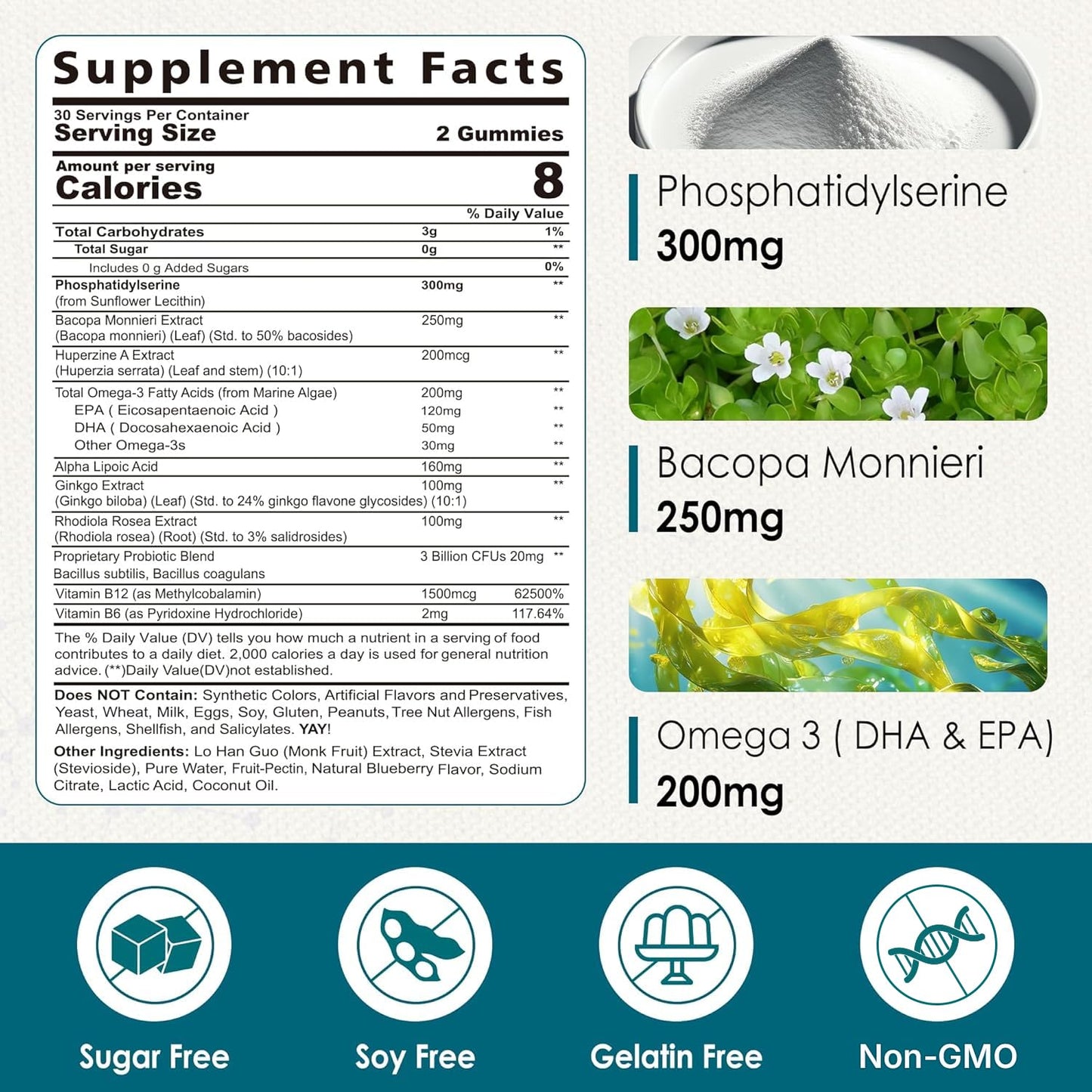 Phosphatidylserine Nootropic Brain Supplement - Focus & Energy Gummies with Bacopa Monnieri, Omega-3, Huperzine A, B12 & B6 - 2 Pack