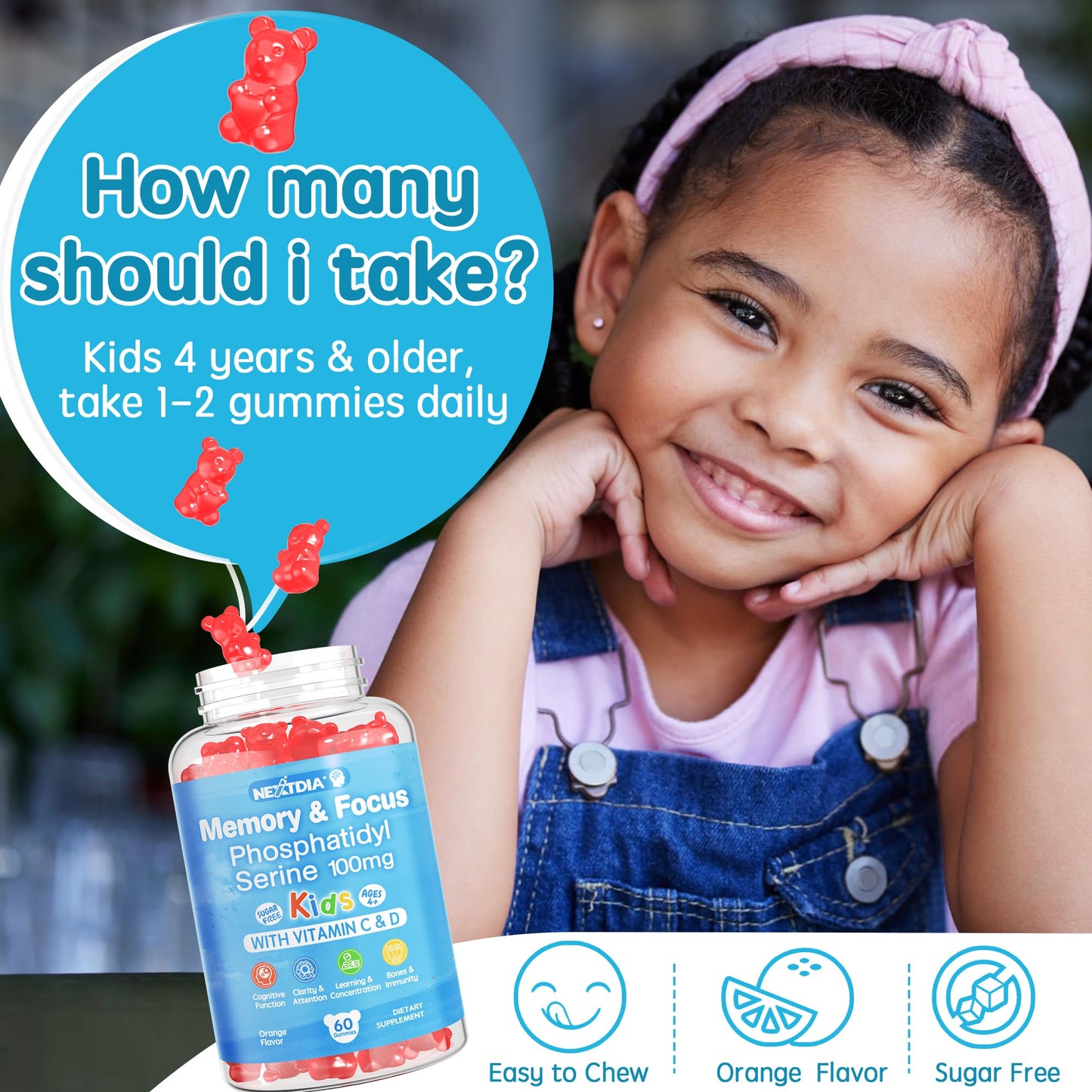 Phosphatidylserine 100mg Kids Focus Gummies - Vitamin C & D3, Sugar Free, Vegan
