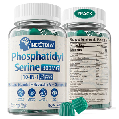 Phosphatidylserine Nootropic Brain Supplement - Focus & Energy Gummies with Bacopa Monnieri, Omega-3, Huperzine A, B12 & B6 - 2 Pack