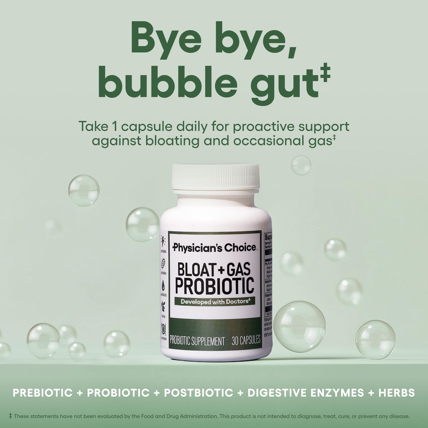 Physician's CHOICE Bloat & Gas Probiotic 30ct — 5-in-1 Digestive Support