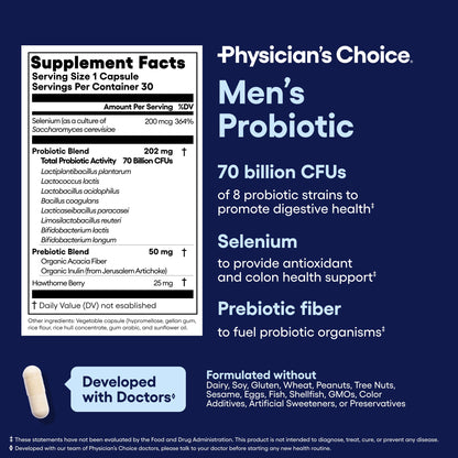 Physician's Choice Probiotics for Men - 70B CFU, 8 Strains, Selenium & Organic Prebiotics | Digestive & Immune Health - 30ct