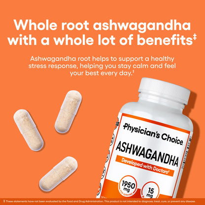 Physician's CHOICE Ashwagandha Supplement - 1950mg Organic Root Powder + Black Pepper | 90 Veggie Capsules