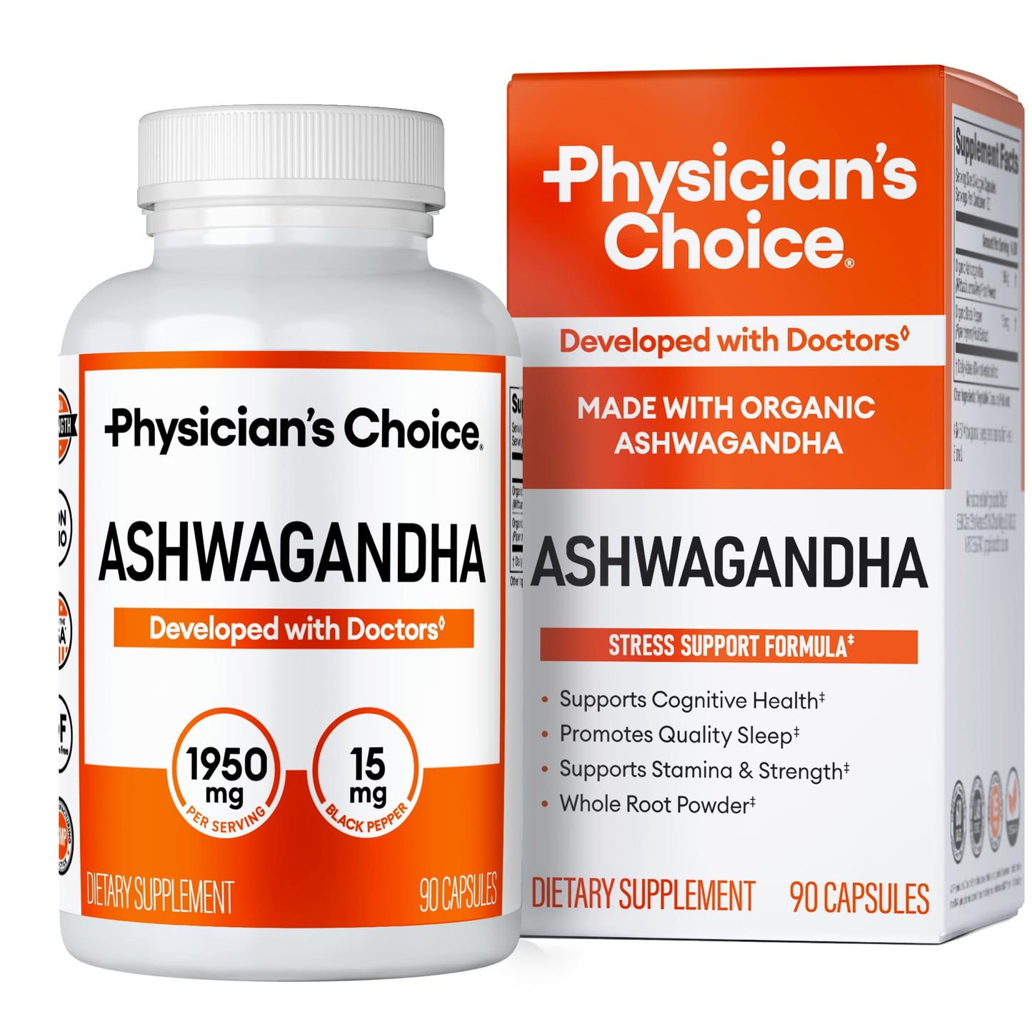 Physician's CHOICE Ashwagandha Supplement - 1950mg Organic Root Powder + Black Pepper | 90 Veggie Capsules